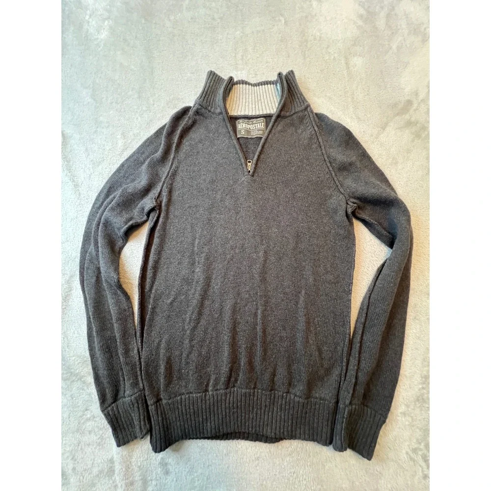 Aeropostale Quarter Zip Sweater Mens Small Gray Cotton Knit Pullover